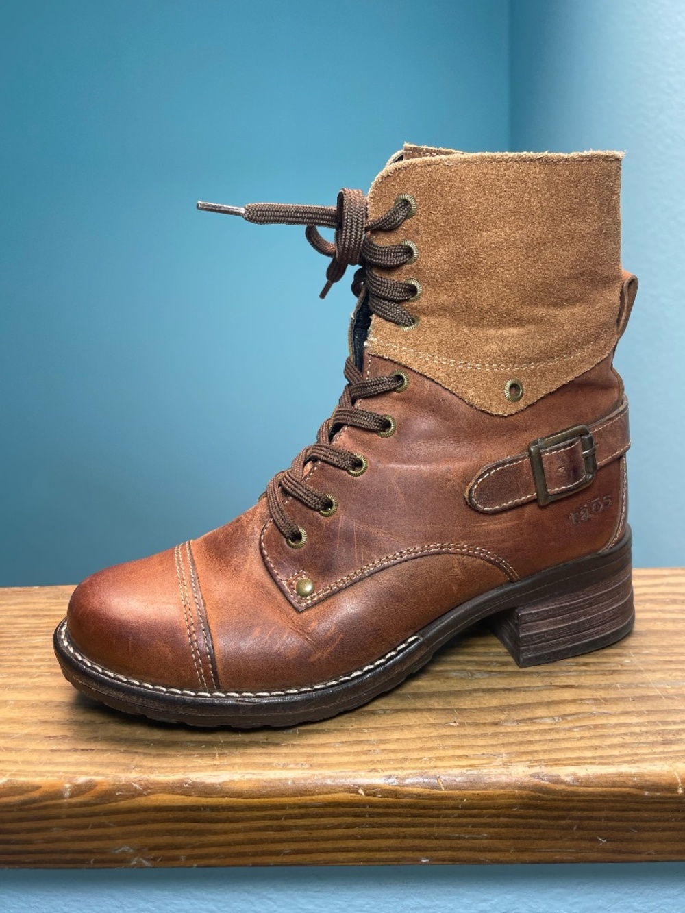 Taos Crave Camel Brown Leather & Suede Combat Moto Boots 37 6 6.5 Distressed